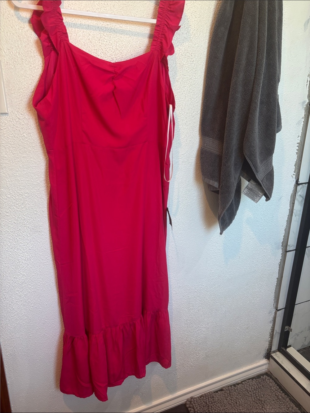 Ruched-Strap Fuchsia Midi Dress with Ruffle Hem